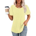 thumbnail image 2 of Penkiiy T-Shirts pour Femmes à Manches Courtes Plissés Chic Décontracté Col Rond Hauts d'Été Chemisiers m Jaune, 2 of 8