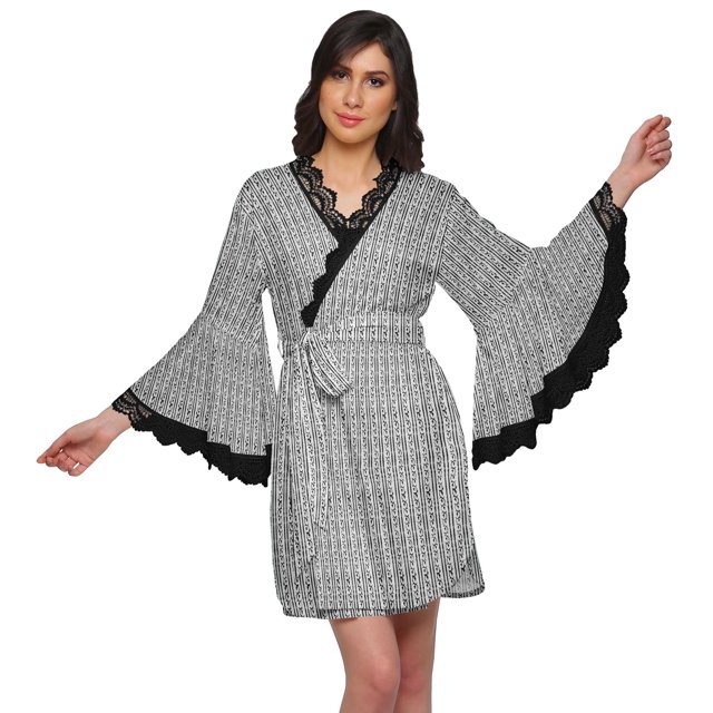 Moomaya Robe Courte Imprimée pour Mariée en Préparation, Manches Évasées, Peignoir, Portefeuille pour Femmes