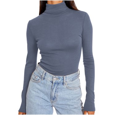 yoeyez Women's Mock Turtleneck Tops Long Sleeve Tunic Pullover Fall Winter High Neck Undershirt Slim Fit Base Layer Tee Top Navy M