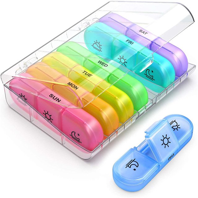 Multifunctional PP+ABS Pill Organizer with 7 Removable Compartments, Portable Medicine Storage Case Available in Multicolor, Black & Multicolor, Black Options, Small Box Size 2.36x2.36x0.71in,