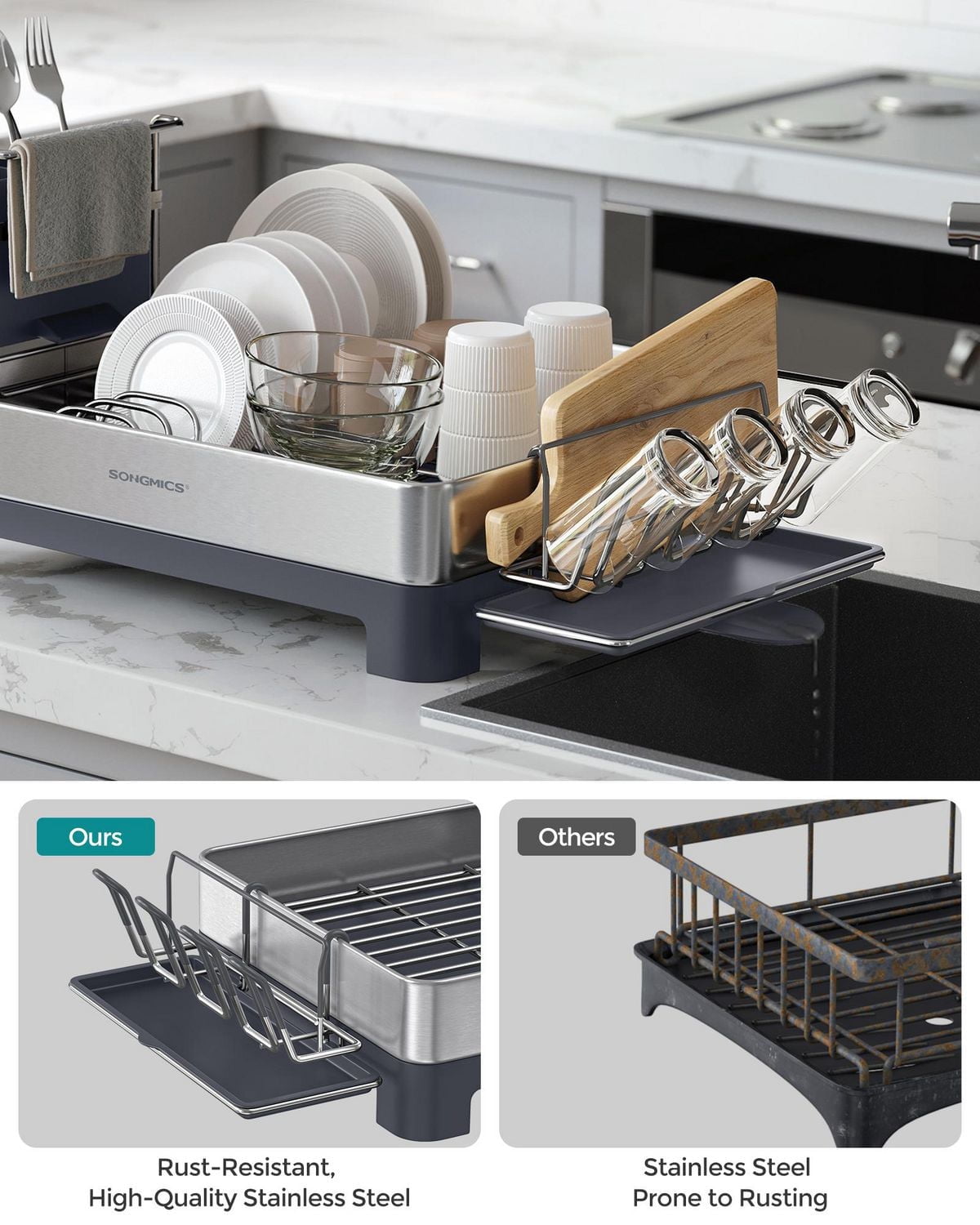 Songmics Home - Small Stainless Steel Dish Drying Rack Drain, Utensil Holder, Silver and Black