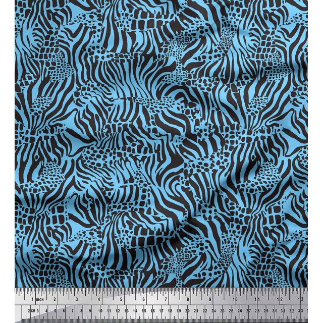 Soimoi Blue polyester Crepe Fabric Leopard & Wild Animal Skin Print Sewing Fabric BTY 52 Inch Wide