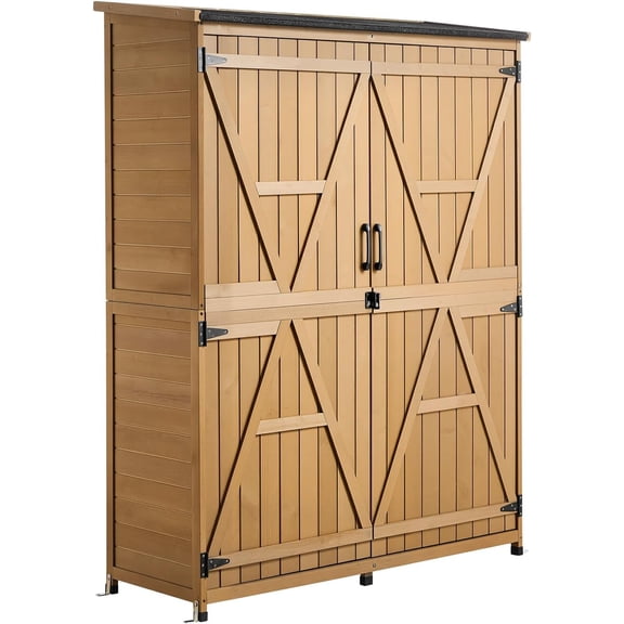 Remise de Rangement Extérieure, Remise à Outils de Jardin en Bois 49,41 Pouces x 63,98 Pouces avec Portes Verrouillables et Toit en Pente, Armoire de Rangement Extérieure Imperméable avec Tablettes et Plancher Inclus pour Cour Arrière, Patio, Pelouse, Brun