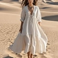 thumbnail image 1 of Pisexur Robes d'Été pour Femmes en Doux Lin-Coton Robes d'Été pour Femmes Décontractées à Col en V Manches 3/4 Robe Maxi Ample Confortable Fluide Robes pour Femmes Couleur Unie à Volants Boho Longues Robes P-2TG Beige, 1 of 5