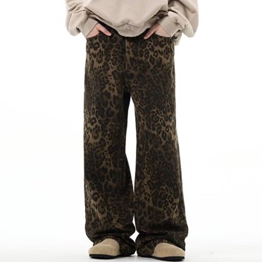 Jsaierl Jeans Taille Haute pour Femmes, Pantalon Léopard Tendance à Jambe Grand, Pantalon Vintage Ample avec Poches, Grande Taille, Jambe Droite, Pantalon Polyvalent