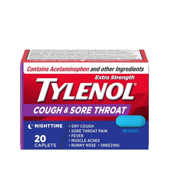 Extra Strength Tylenol Cough & Sore Throat Caplets, Combo Pack for Dual-Symptom Relief of Your Worst Cough & Sore Throat Pain, Acetaminophen 500 mg, Dextromethorphan HBr 15 mg, 24 count