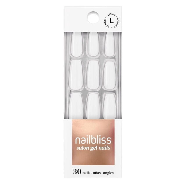 Nailbliss salon gel nails large size pack with 30 long, white, glossy false nails in clear tray and white packaging with rose gold branding, suitable for easy at-home gel nail application.