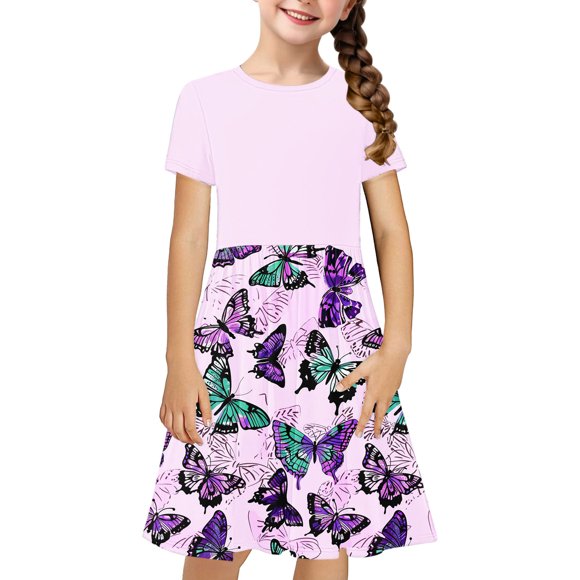 LOVZFMLL Toddler Kids Cute Splicing Print Short Sleeve Stretchy Dress A Line Dress