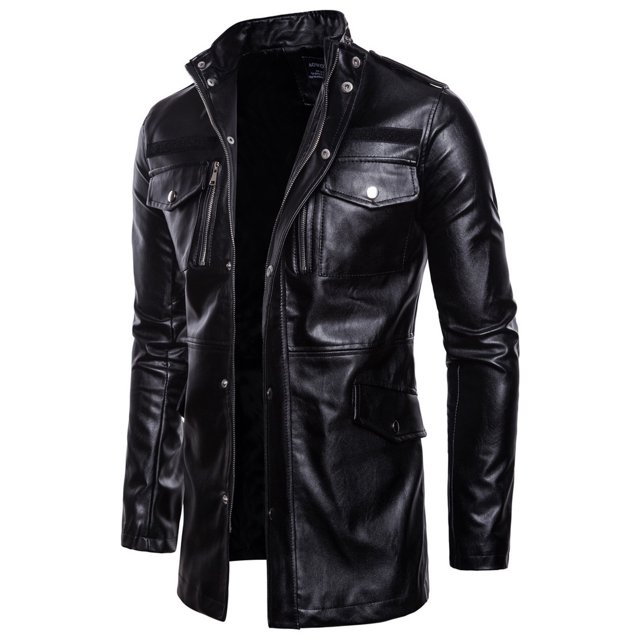 Men Mid-length Leather Stand-collar Four-pocket Motorcycle Jacket Coats