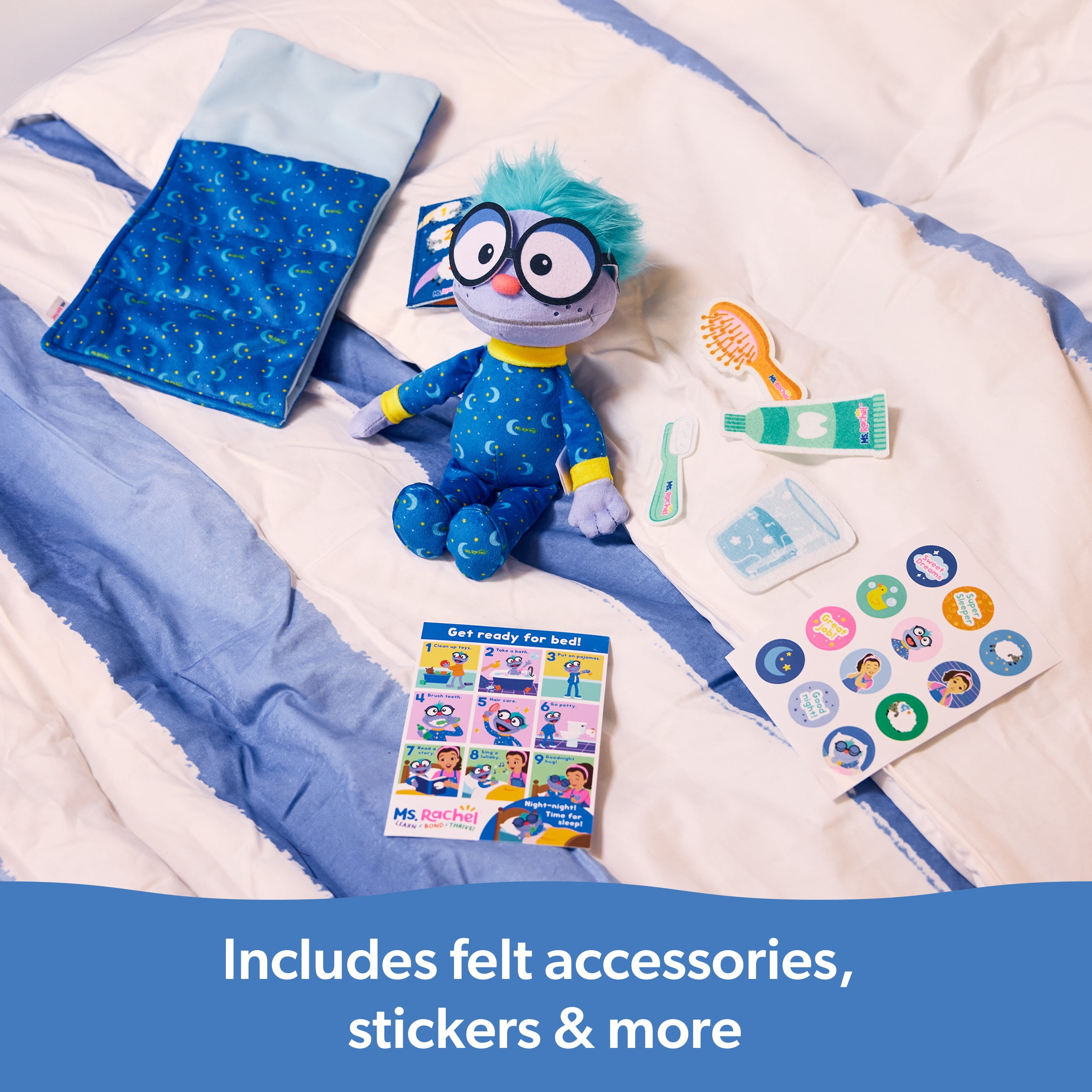 Ms. Rachel, Bonne nuit Frankie, Coffret pour le coucher, peluche de 27,9 cm avec sac de couchage et accessoires, jouets pour tout-petits, pour filles et garçons de 18 mois à 3 ans et plus