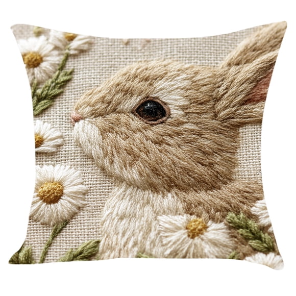 Housse de Coussin de Pâques Fausse Broderie Motif Lapin Imprimé 45 cm x 45 cm Housse de Coussin de Sofa en Polyester