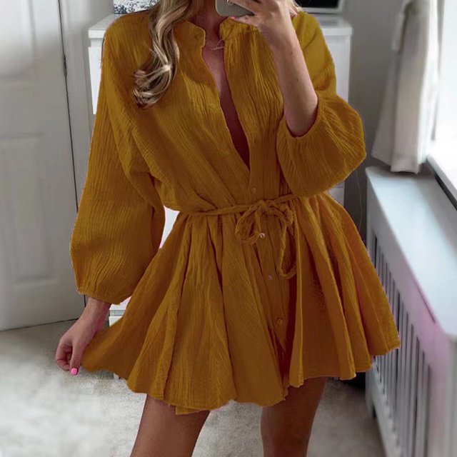 WILLBEST Robes pour Femmes Robes Décontractées à Volants avec Cordon Manches Longues Évasées Été Robe Mini Unie