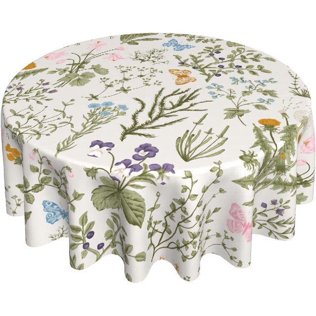 Nappe de Printemps Ronde 60 Pouces Aquarelle Feuille Verte Botanique Colorée Florale Papillon Nappe Décorative Résistante aux Plis pour Maison Cuisine Table de Salle à Manger Fête Pique-Nique