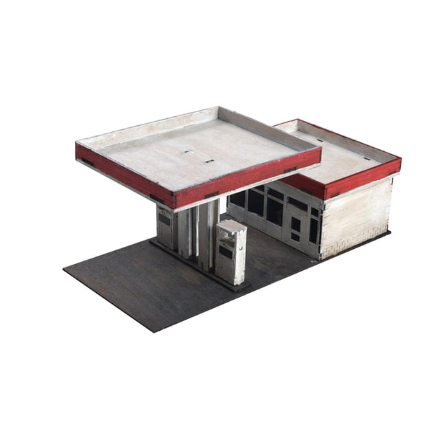 1/72 1/64 Building Model Kits Layout Scenery 3D Puzzles Architecture Scene Model modern. A wooden gas station scale model with a red and white roof, pump station, and building structure. Designed for DIY assembly, educational use, and miniature architecture layouts, suitable for war dioramas and sand tables.