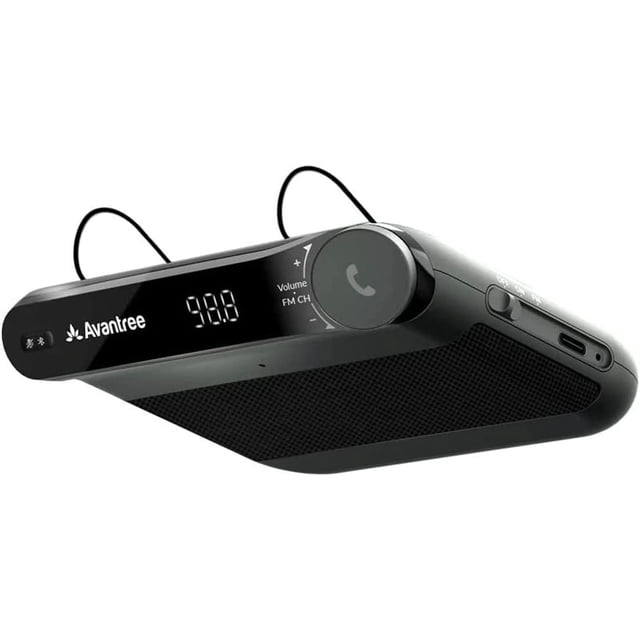 Avantree Roadtrip Bluetooth Speaker & Wireless FM Transmitter Kit 2-in-1 for cars, designed for hands-free calls and music streaming. Features dual 3W speakers, noise reduction technology, a built-in microphone, and multipoint cell phone connections. The compact black device includes an LED display for FM frequency, volume controls, and call buttons.