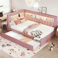 thumbnail image 1 of Homy Casa Upholstered Twin Platform Bed with LED Lights and USB Charging Station with Pull Out Trundle for Kids Teens, and Guest Room, Pink, 1 of 5