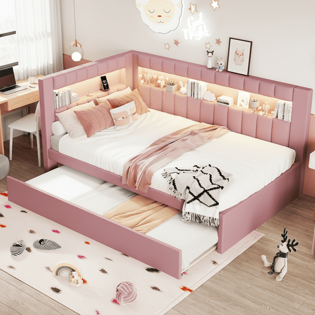 Homy Casa Upholstered Twin Platform Bed with LED Lights and USB Charging Station with Pull Out Trundle for Kids Teens, and Guest Room, Pink