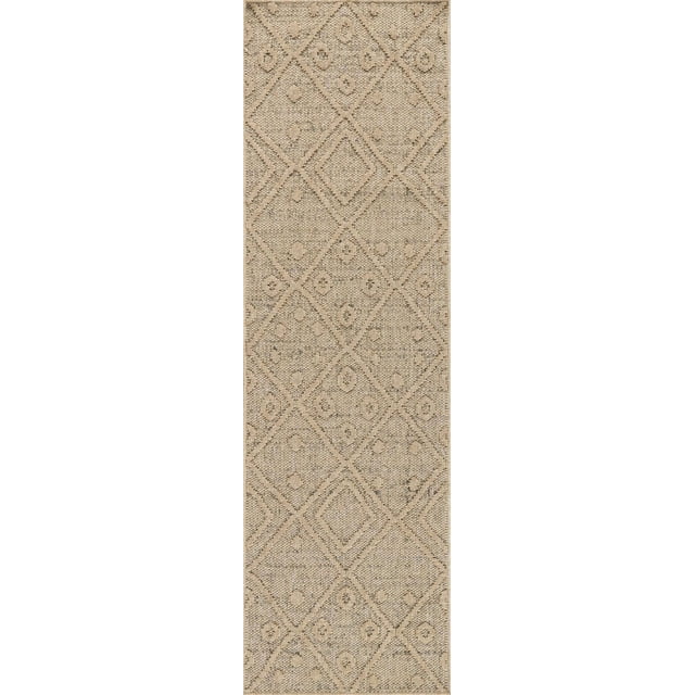 Rug Branch Hogar Abstract Indoor Outdoor Area Rug, Brown Beige, Boho 2'3" x 8' jute runner featuring a textured diamond and dot pattern in natural brown and beige tones, ideal for entryways, hallways, patios, and balconies, also suitable as a decorative accent in living rooms and kitchens.