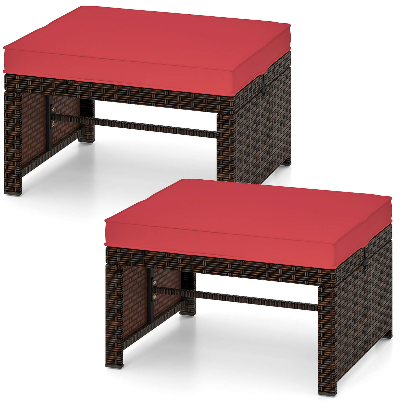 Costway 2 Pcs Ottomans en Rotin PE pour Patio avec Coussins à Fermeture Éclair Doux pour Terrasse Extérieur Rouge