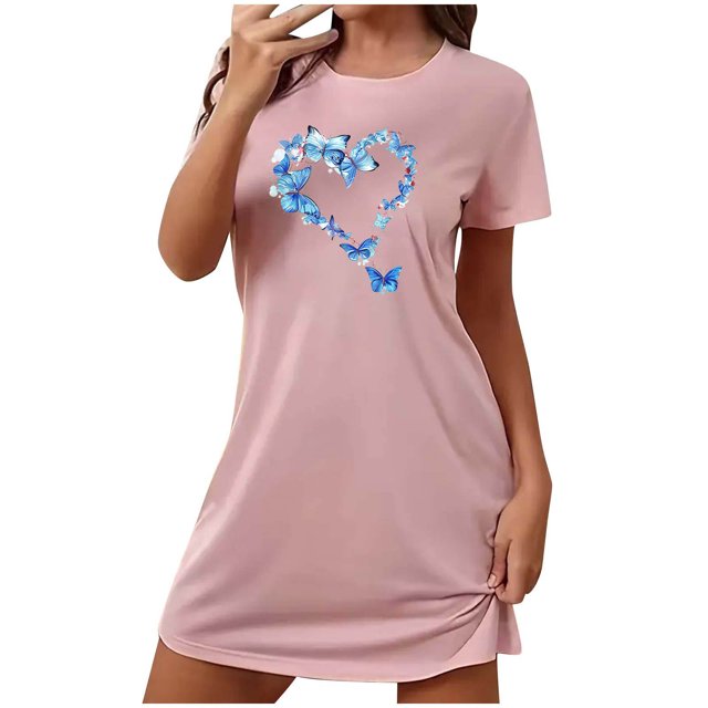 Rbaofujie Pyjama d'Automne pour Femmes Nuisette Courte Surdimensionnée pour Femmes Mode Imprimé sur la Poitrine Robe de Nuit à Manches Courtes Ensemble de Pyjama pour Femmes