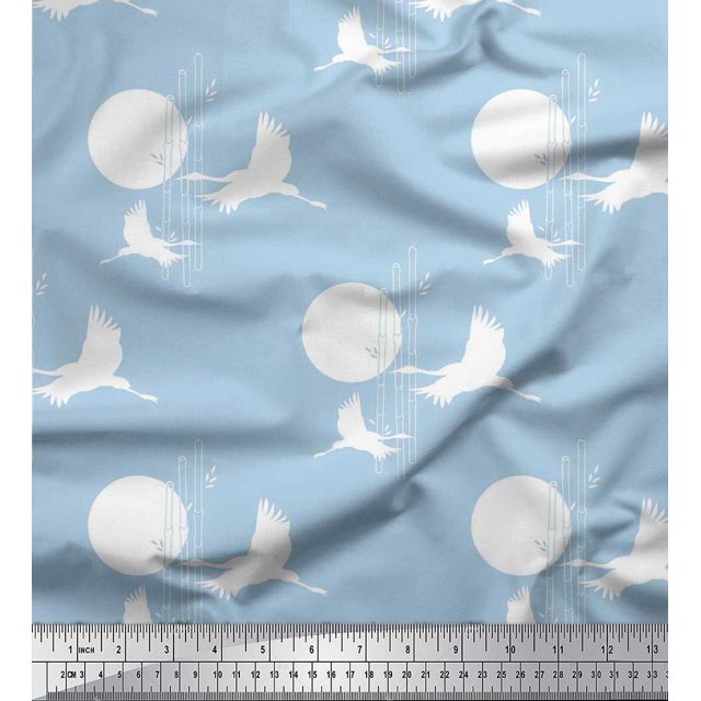 Soimoi Poly Georgette Fabric Bamboo Tree,Moon & Stork Bird Print Fabric by The Yard 42 Inch Wide