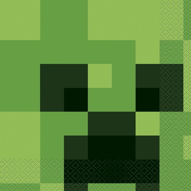 Minecraft Lunch Napkins, 16CT featuring a pixelated green Creeper face design in various shades of green and black on 2-ply disposable napkins measuring 6.5 by 6.5 inches, ideal for party tableware and quick cleanup.
