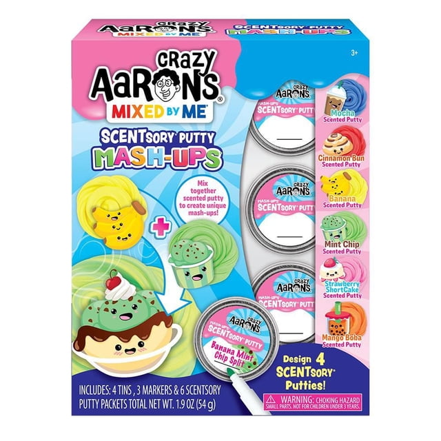 Crazy Aaron's Kit d'Activité de Pâte – Mélangé par Moi, Purées Contenant 4 Boîtes de Pâte Parfumée Multicolore, Incluant Banane, Pépites de Menthe, Moka, Brioche à la Cannelle, Fraisinette et Mangue boba. le Kit Comprend 3 Marqueurs pour Étiqueter et Mélanger des Parfums pour Créer des Purées de Pâte Uniques. Recommandé pour 3 Ans et Plus avec un Avertissement de Danger d'Étouffement.