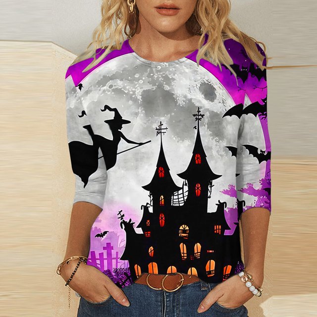 FcBaudy Hauts pour Femmes, Chemisiers et Chemises à Manches Longues à Col Rond, Chemises pour Femmes Mode Décontractée d'Halloween Imprimée Col Rond T-Shirt à Manches 3/4 pour Femmes Hauts en polyester