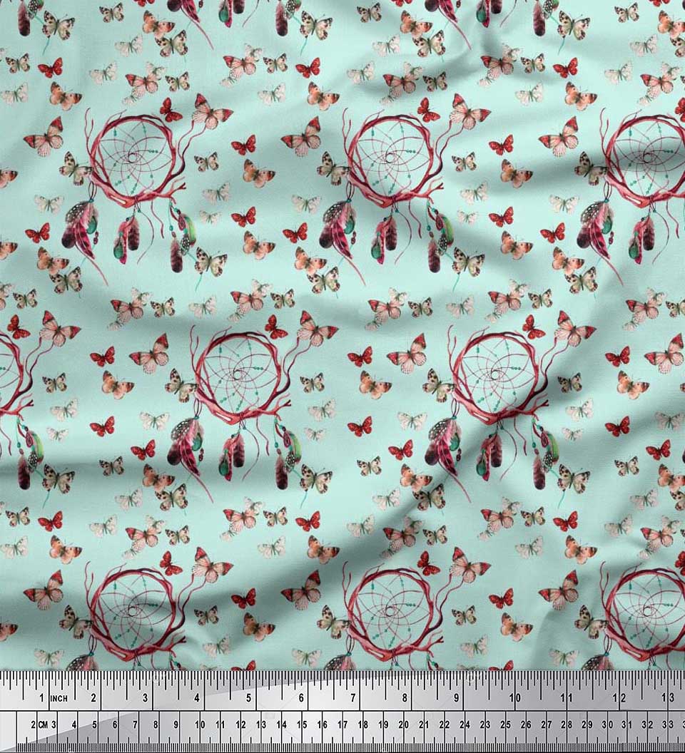 Soimoi Silk Fabric Dream Catcher & Butterfly Print Sewing Fabric Yard 42 Inch Wide
