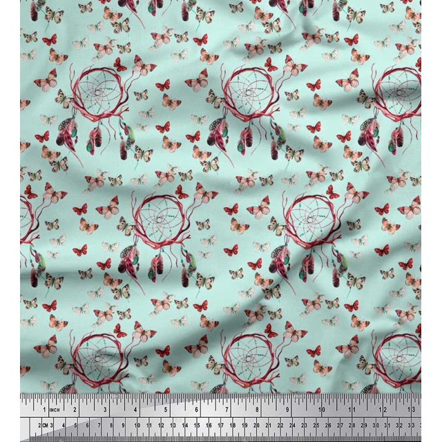 Soimoi Tissu Satin Modal Attrape-Rêves & Imprimé Papillon Tissu au Mètre 42 Pouces de Large