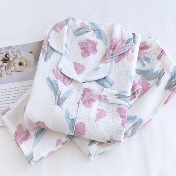 Women's 100% Cotton Long Sleeved Casual Pajama Set Two Piece with Rose Print