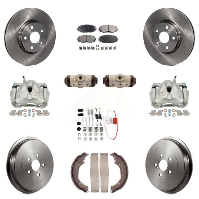 Transit Auto Front Rear Disc Brake Caliper Rotors Drums Semi-Metallic Pads Shoes Wheel Cylinders and Hardware Kit (11Pc) for Car 2009-2013 Toyota Corolla KC8-100889P