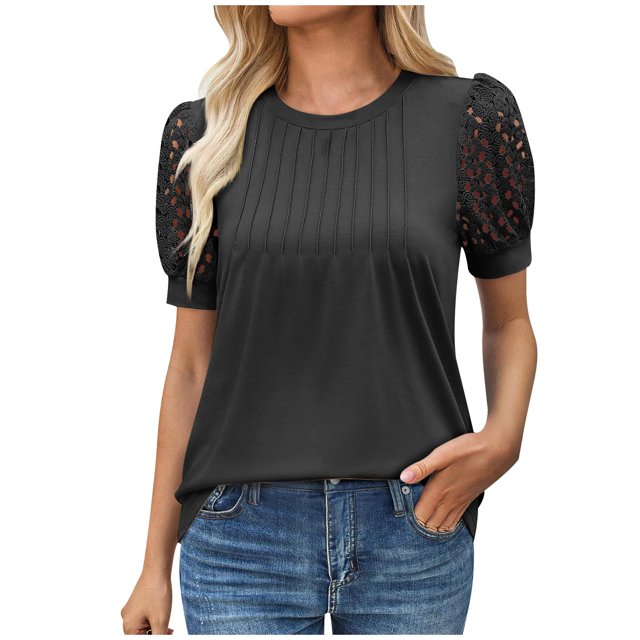 Liquidation d'Économies! T-Shirt Grande Taille pour Femmes, Blouse à Manches Courtes d'Été pour Femmes, Blouses à Manches Courtes et Col Rond de Couleur Unie pour Femmes