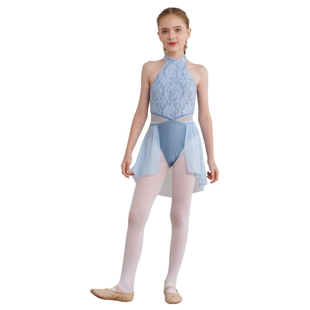 Yartina Robe de Danse Lyrique pour Filles Enfants Justaucorps-Robe Sans Manches Costume de Danse Moderne Contemporaine Bleu Clair 14