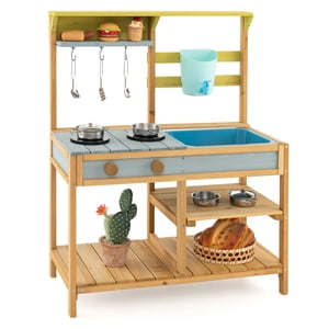 Costway Ensemble de cuisine en bois pour enfants, cuisine extérieure pour enfants avec robinet & Boîte à eau