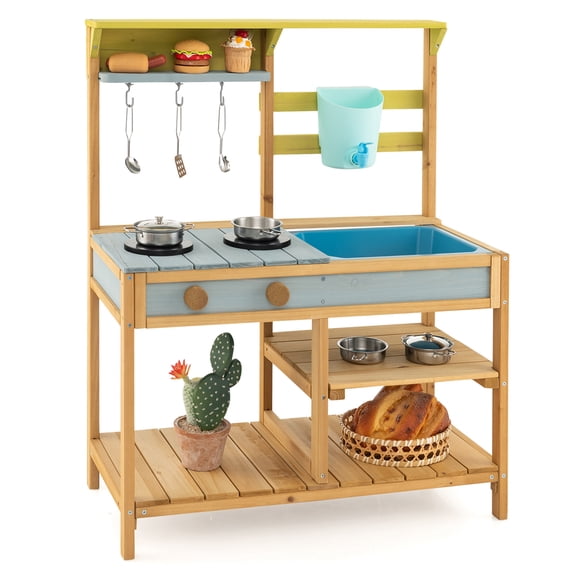 Costway Ensemble de Cuisine de Jeu en Bois, Cuisine de Boue Extérieure pour Enfant avec Robinet et Bac à Eau