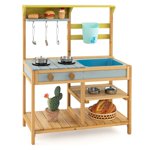 Costway Ensemble de cuisine en bois pour enfants, cuisine extérieure pour enfants avec robinet & Boîte à eau