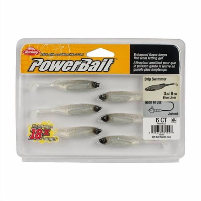 Berkley Powerbait Leurres de Pêche Drip Swimmer avec Doublure Bleue, six swimbaits en Plastique Souple Translucide avec Yeux Noirs et Queues de Micro-Botte pour des actions de finesse Serrées, Emballés en Plastique Transparent avec Marque Jaune et Noire, Convenant aux techniques de jighead et de Gréement de finesse.