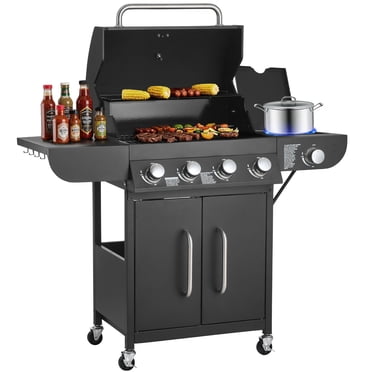 VEVOR Gas Grill, 4 Burner Propane Gas Grill with Side Burner, 425 SQ.In Grilling Area, Carbon Steel Enamel Grates