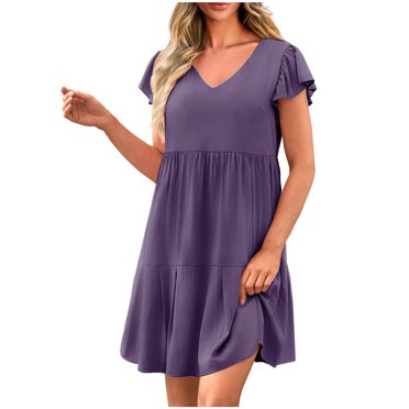 Pisexur Robes pour Femmes Robe en Coton et Lin Col en V Couleur Unie Robe Midi Manches Courtes à Étages Fluide Robe d'Été Décontractée Ample Robe de Plage Longueur Genou Vacances Robe Trapèze Courte