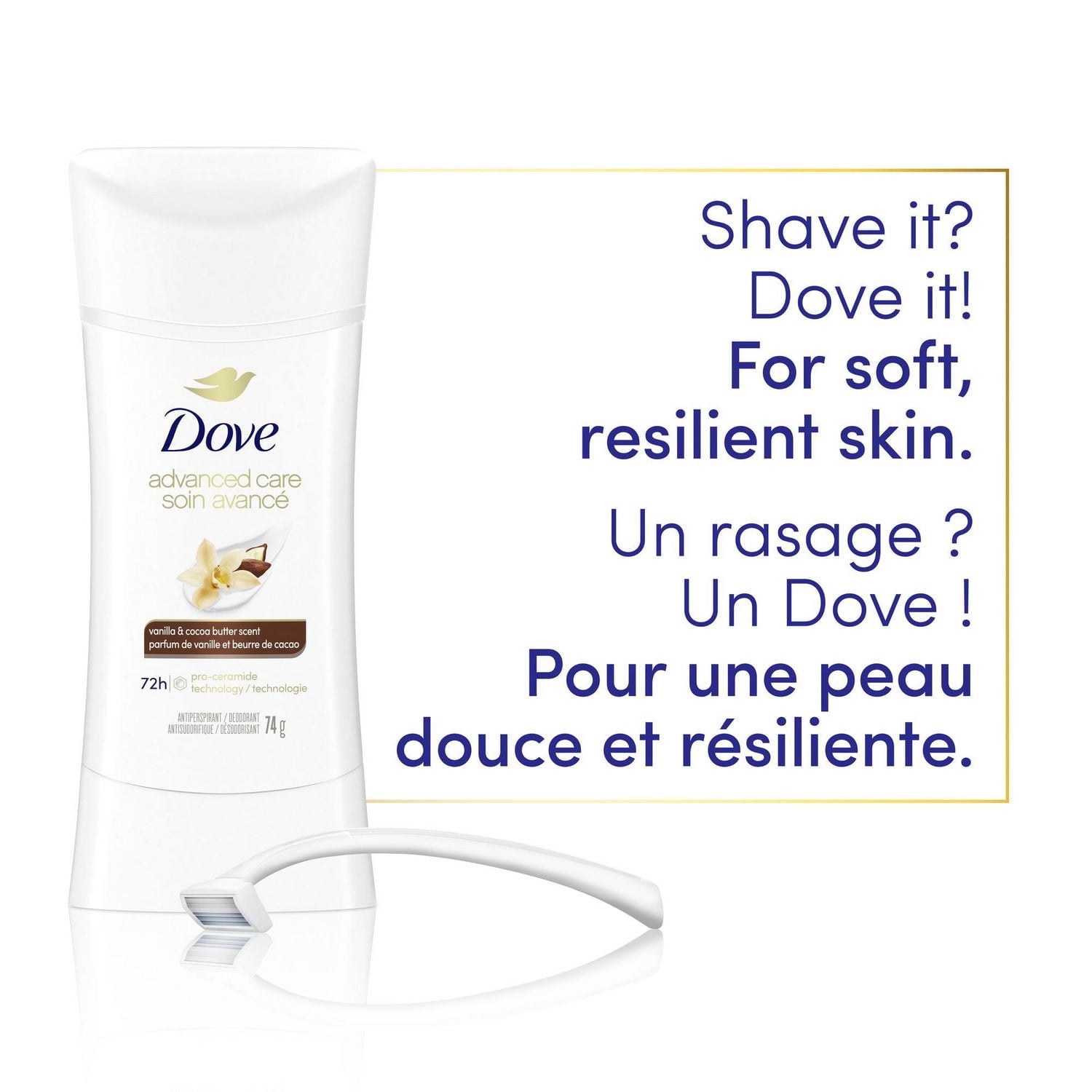 Dove Soin Avancé Désodorisant Antisudorifique Vanille et Beurre de Cacao, 74 g