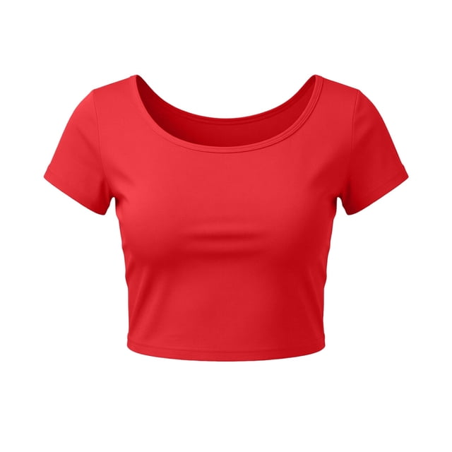 VSSSJ Crop Tops pour Femmes Manches Courtes Col Rond Extensible Chemise Décontractée Ajustée Solide Confortable Été Basique T-Shirts Courts Rouge Taille Unique
