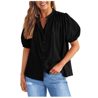 Penkiiy T-shirt d'Été pour Femme Uni en Dentelle à Col en V, Manches Courtes Bouffantes, Haut Uni, Violet, TG