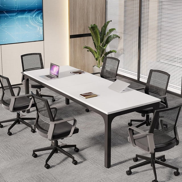 Tribesigns 78.74-Inch White and Black Conference Table, Large Office Meeting Seminar Desk with Metal Legs and Adjustable Foot Pads, Seats 6–8, Only Table Included