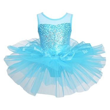 Aislor Kids Girls Sleeveless Sparkly Rhinestone Leotard Dress Ballet Dance Mesh Splice Tutu Skirts Blue 10