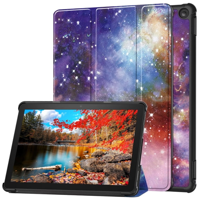 Étui en PU pour Amazon Fire HD 10 2023 avec Imprimé à Thème Galaxy. la Couverture Intelligente tablet Présente un Support Tri-Pliant et Est Montrée Tenant la tablet Verticalement avec un Affichage Vif. Fabriquée en Cuir PU et une Étui Rigide en PC, Elle Est Imperméable, Antichoc, Résistante aux Chutes et Anti-Poussière. Compatible avec la 13e Génération Amazon Fire HD 10 tablet (Version 2023).