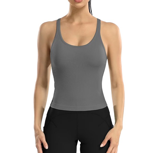 Charmo Women's Scoop Neck Ribbed Tank Tops Slim Straps Cropped Tops Built in Bra
