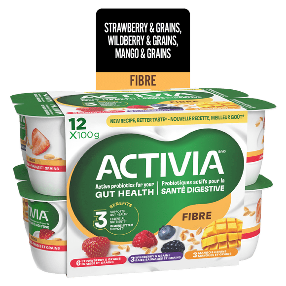 Activia Probiotic Yogurt, Fibre, Strawberry, Wildberry, Mango, 12x95g