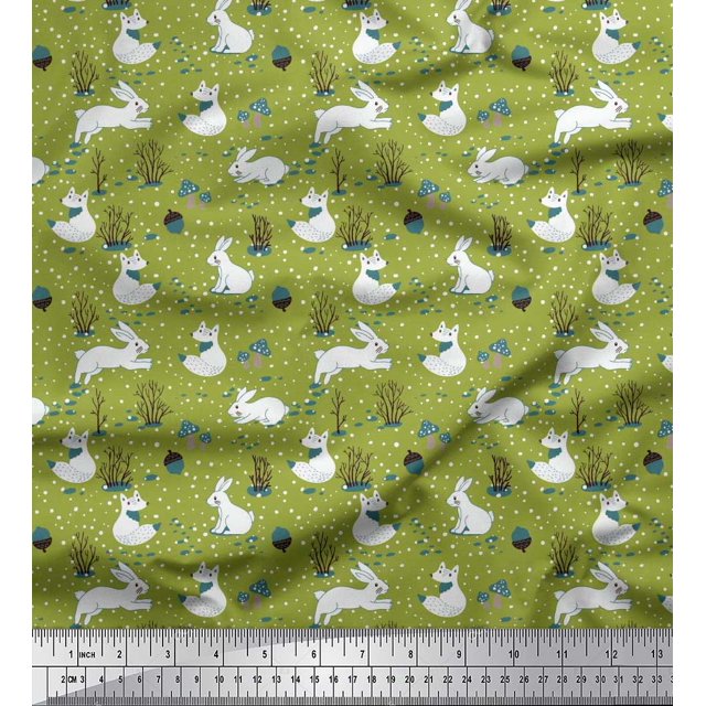 Soimoi Green Poly Georgette Fabric Mushroom,Oaknut & Rabbit Animal Printed Craft Fabric by The Yard 52 Inch Wide