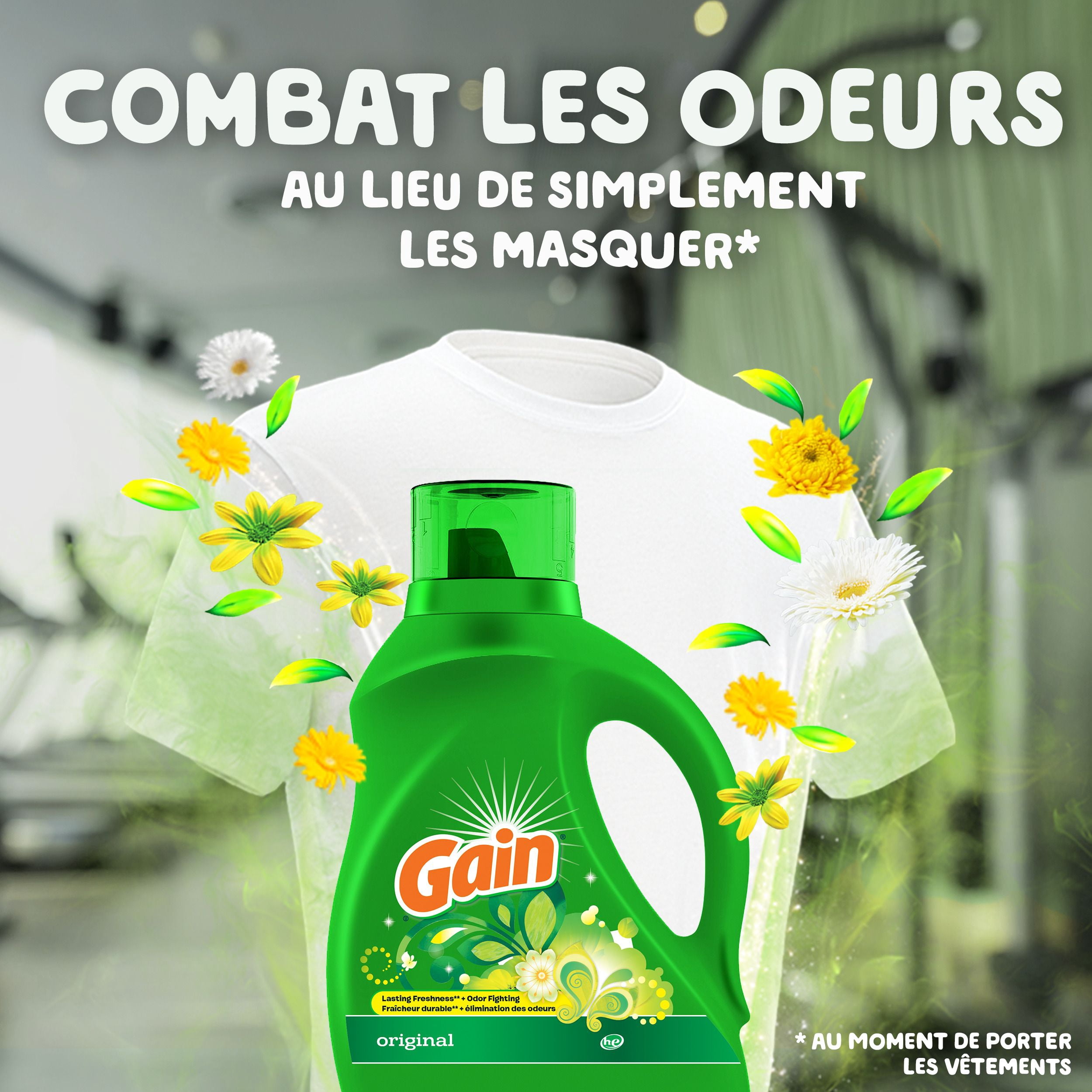 Détergent à lessive liquide Gain, parfum Original, 1,24 L, 32 brassées, fraîcheur + élimination des odeurs, savon nettoyant liquide haute efficacité pour laveuse